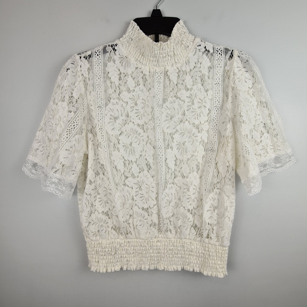 Peach Cream Floral Lace Smocked Mock Neck Blouse Short Flutter Sleeve Large